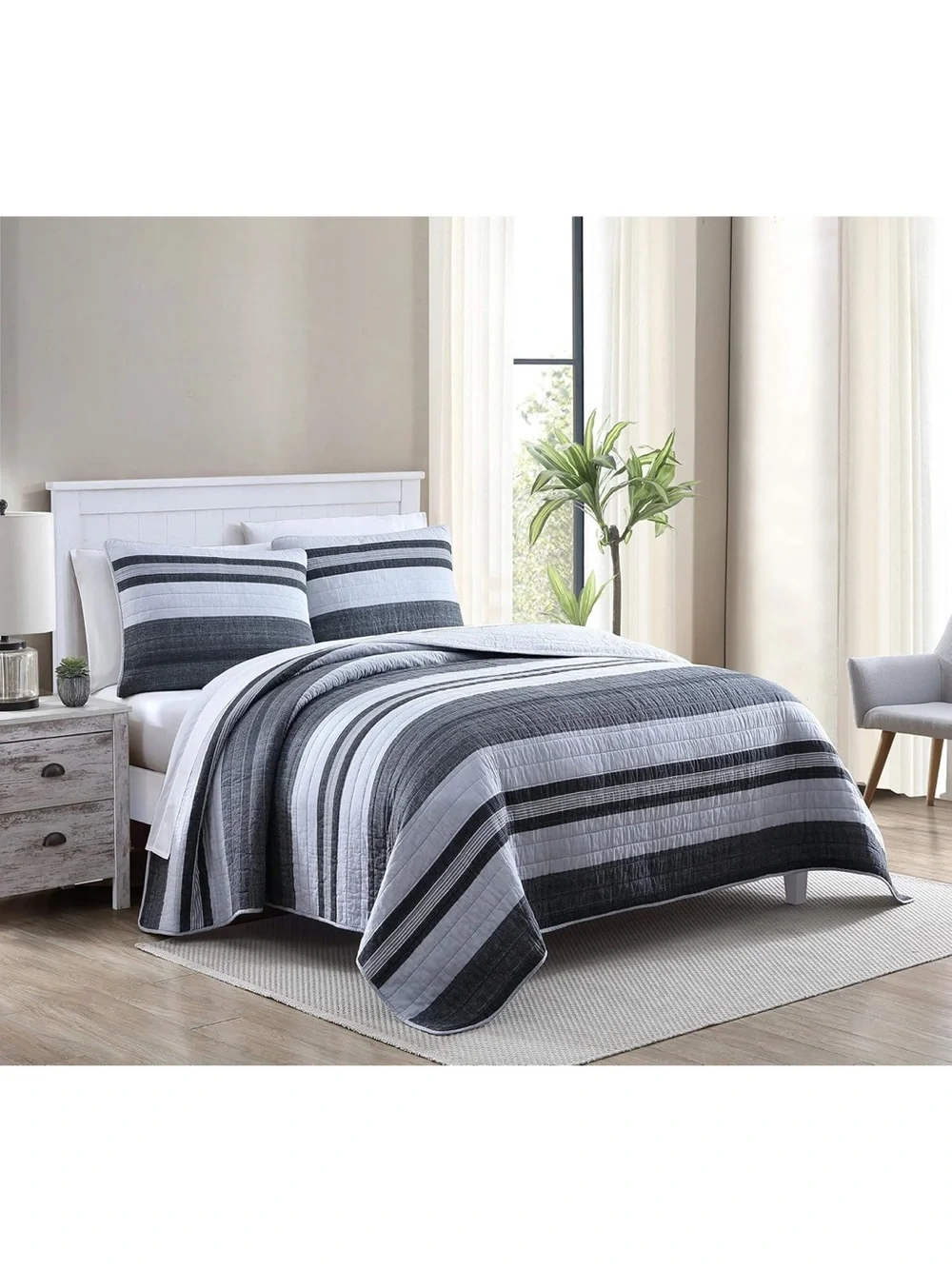 Nautica Armdoore Gray and White Stripe Quilt Set